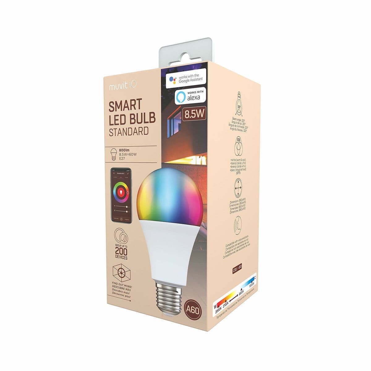 muvit iO bombilla inteligente A60 E27/9W/806lm RGB+Blancos D60*H110